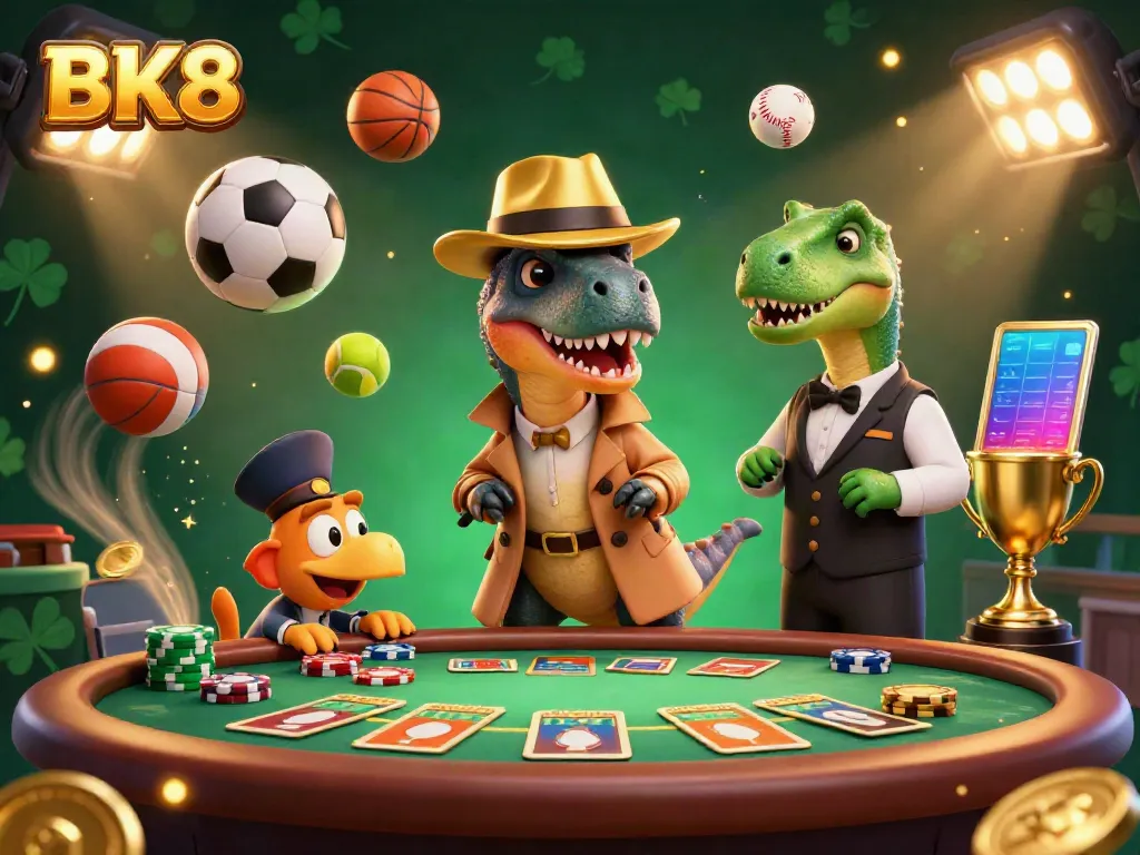 Experience the thrill of BK8 with a velociraptor card counter at the blackjack table in this vibrant casino scene.