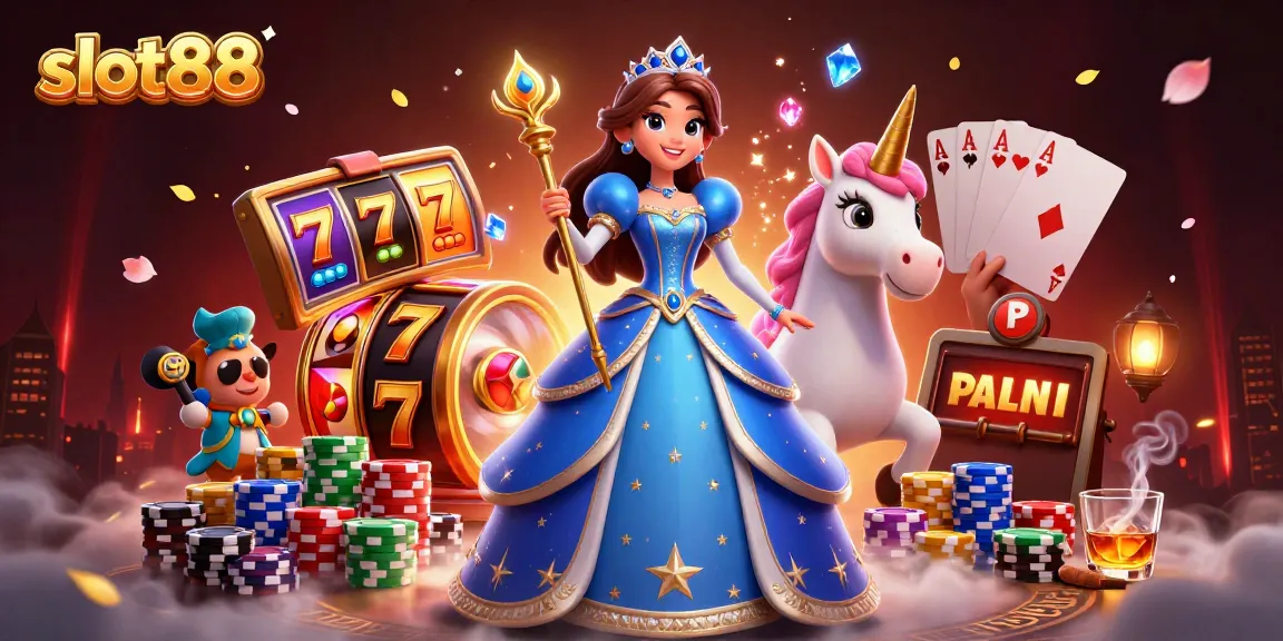 Engage with slot88 as a beautiful woman in royal attire celebrates wins, surrounded by colorful slot elements.
