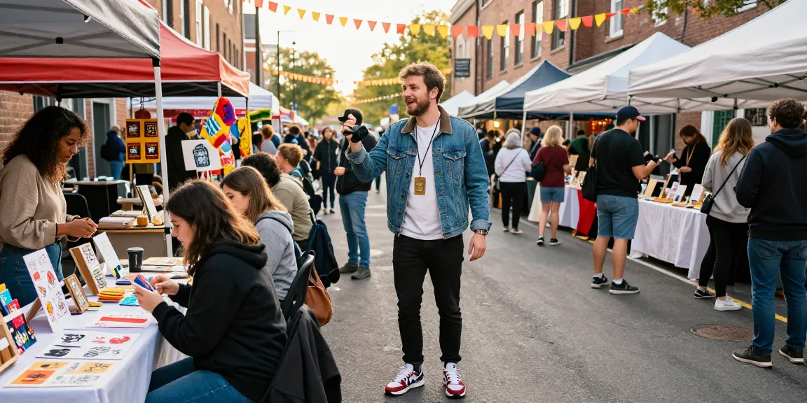 Nathan Garries participating in a lively street festival with community members and colorful stalls.