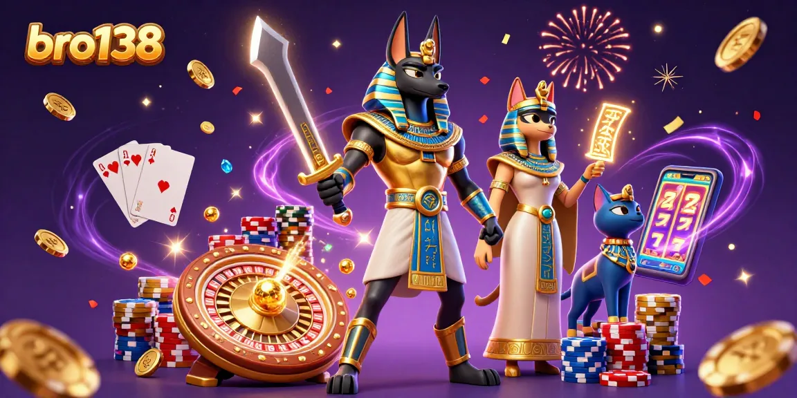 Engage with the dynamic world of bro138 casino games featuring Anubis and Bastet amidst dazzling gold and gems.