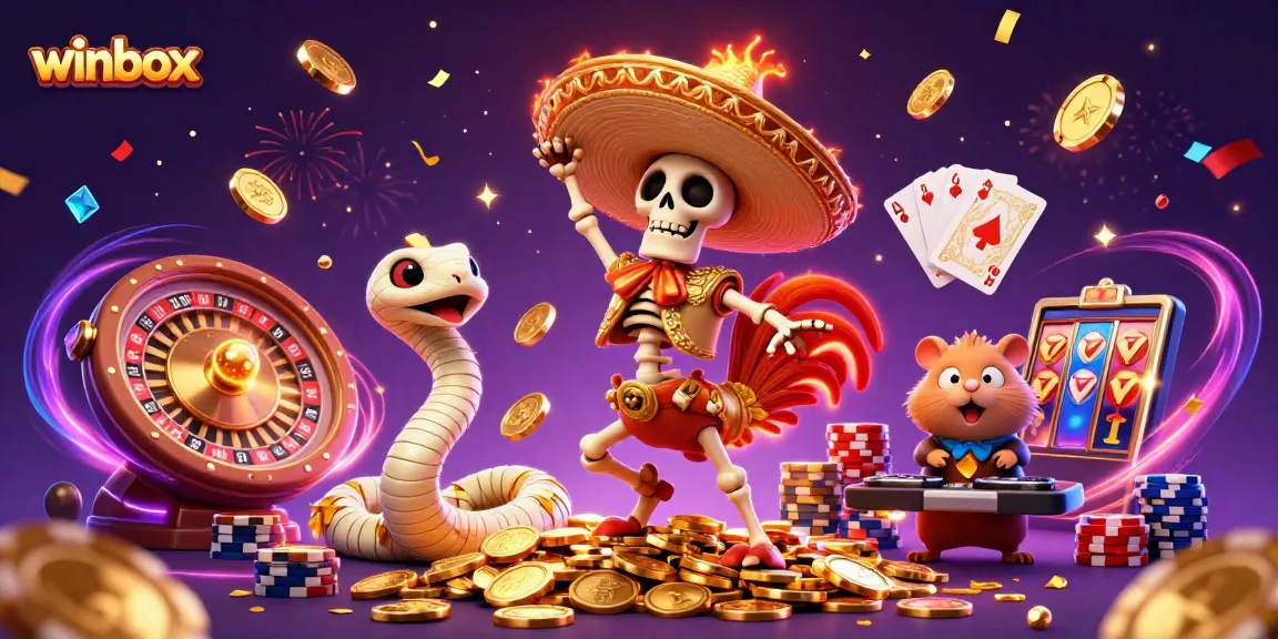 Winbox interactive scene with a mariachi rooster dancing on coins, showcasing online gaming excitement.