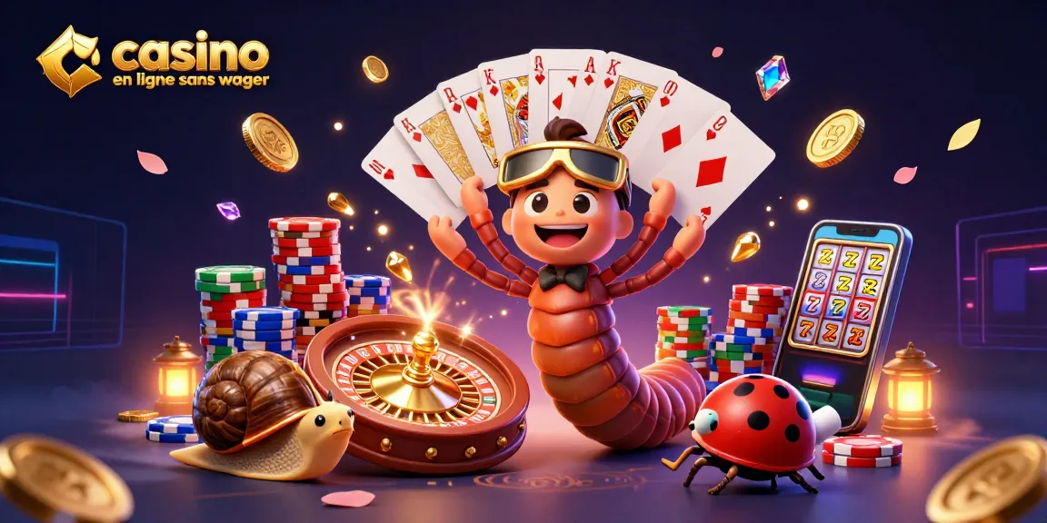 Plongez dans l'univers du casino en ligne sans wager avec des personnages fascinants jouant avec des cartes et des jetons.