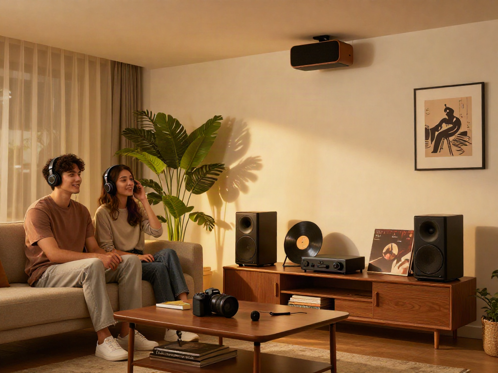 Enjoying music at home with اسپیکر سقفی in a stylish living room.