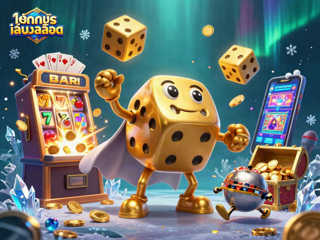 Spin to win with ทดลองเล่นสล็อต featuring golden dice and vibrant casino elements.