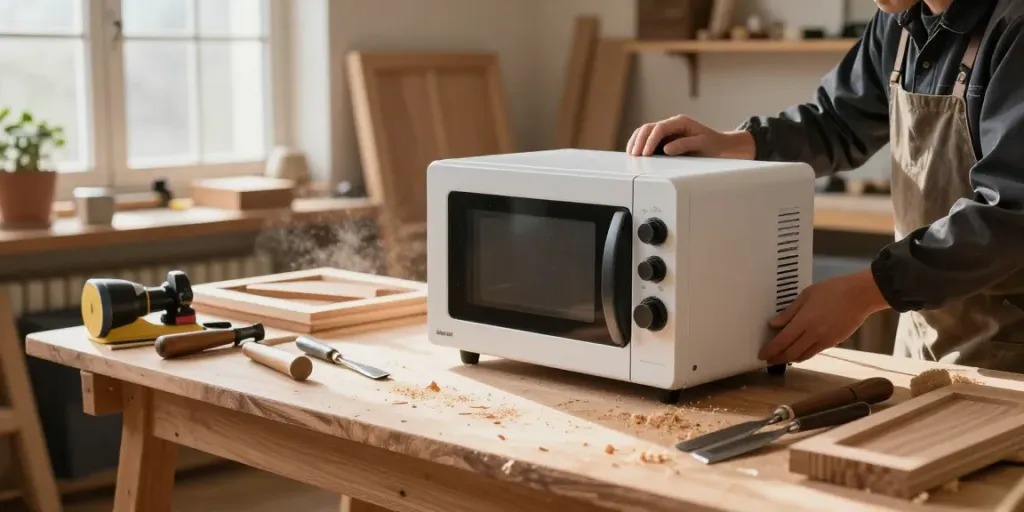 Efficient wood treatment using SHASHEL® microwave technology in a workshop.