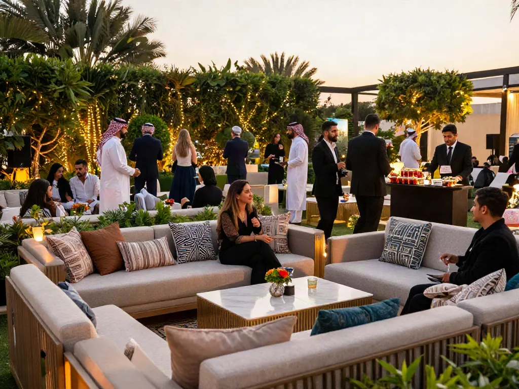 Elegant event furniture rental in a stylish outdoor setting for a corporate gathering, featuring chic sofas and tables.