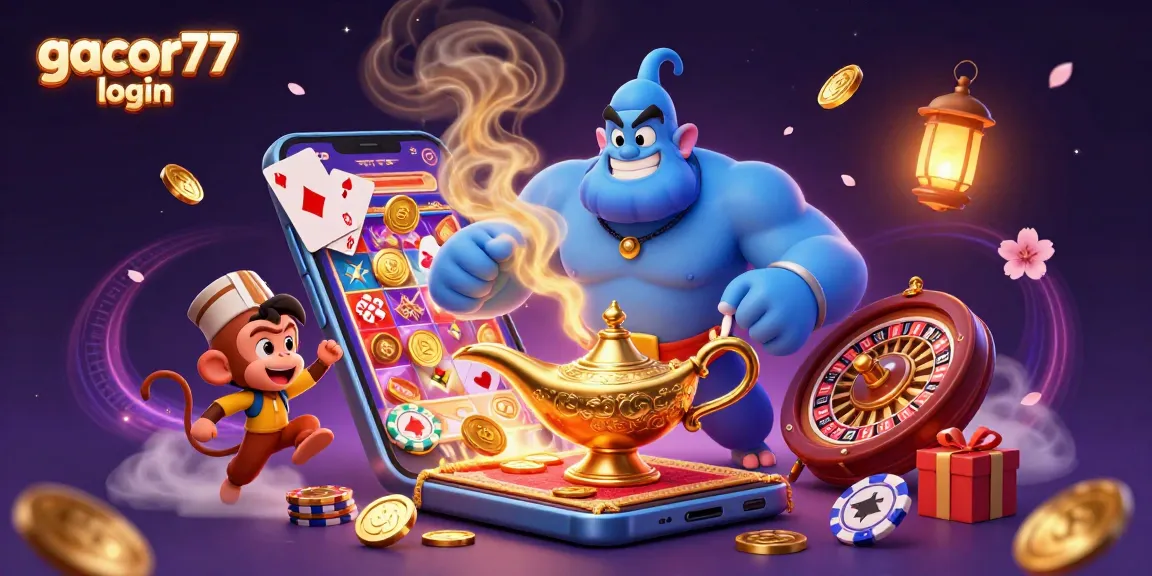 Engage with gacor77 login in this vibrant casino scene featuring a genie, poker chips, and slot game!
