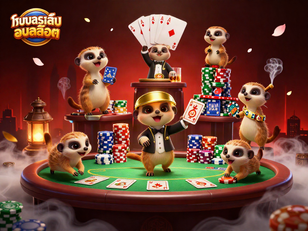 Engage in ทดลองเล่นสล็อต with a lively meerkat casino scene featuring dealers and vibrant game elements.