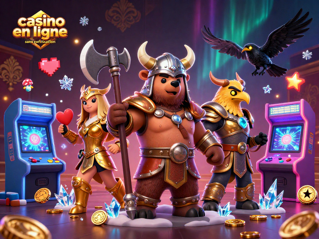 Jouez à des jeux de casino en ligne sans vérification, illustré par un ours viking et une aigle valkyrie.
