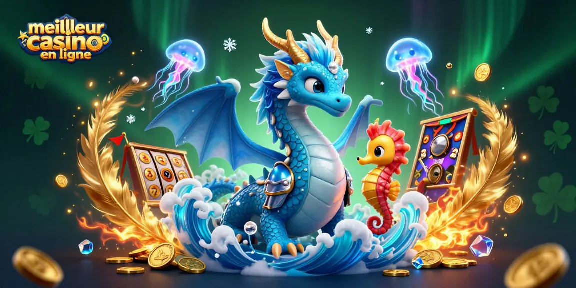 Explorez le meilleur casino en ligne avec l'illustration dynamique d'un dragon azur et un chevalier hippocampe.