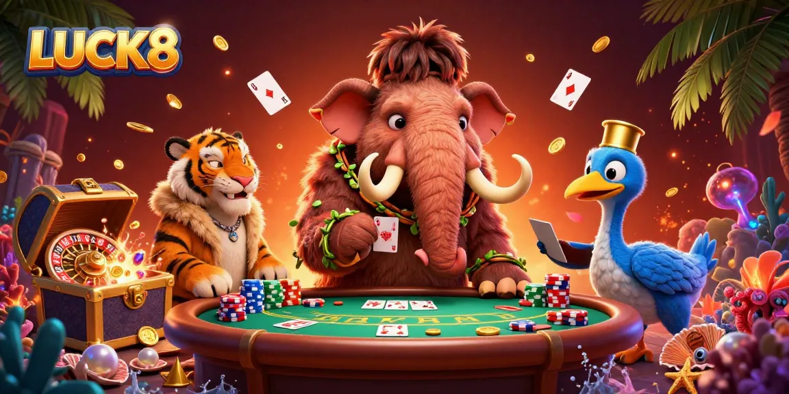 LUCK8 brings excitement with a vibrant 3D illustration of a cartoon casino scene featuring a bouncer and VIP guests.