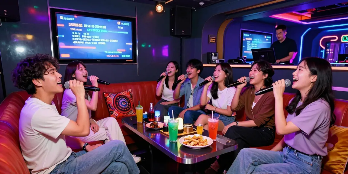 Gangnam가라오케 friends singing joyfully in vibrant venue atmosphere