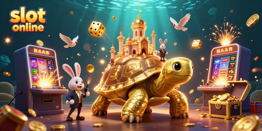 Menghadirkan slot online dengan jackpot maxwin pada ilustrasi 3D ceria, menampilkan kura-kura emas raksasa dan dealer kelinci.