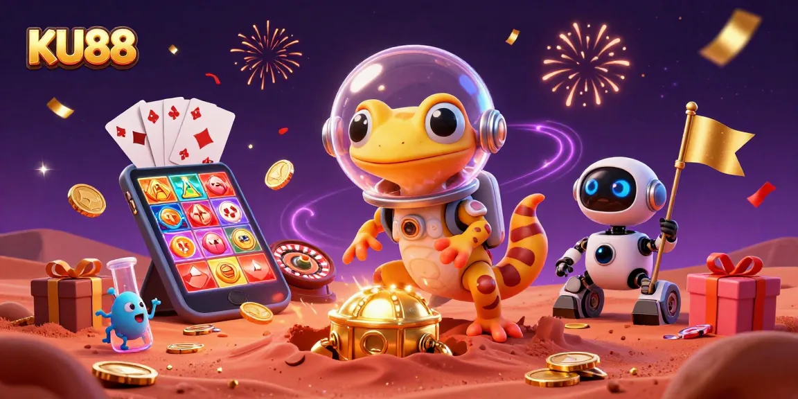 Join the excitement at KU88, where a Martian gecko explores a golden casino amid vibrant slot games and celebration.