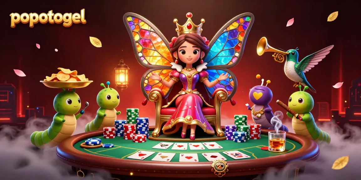 Experience popotogel excitement with a colorful 3D casino scene featuring poker elements.