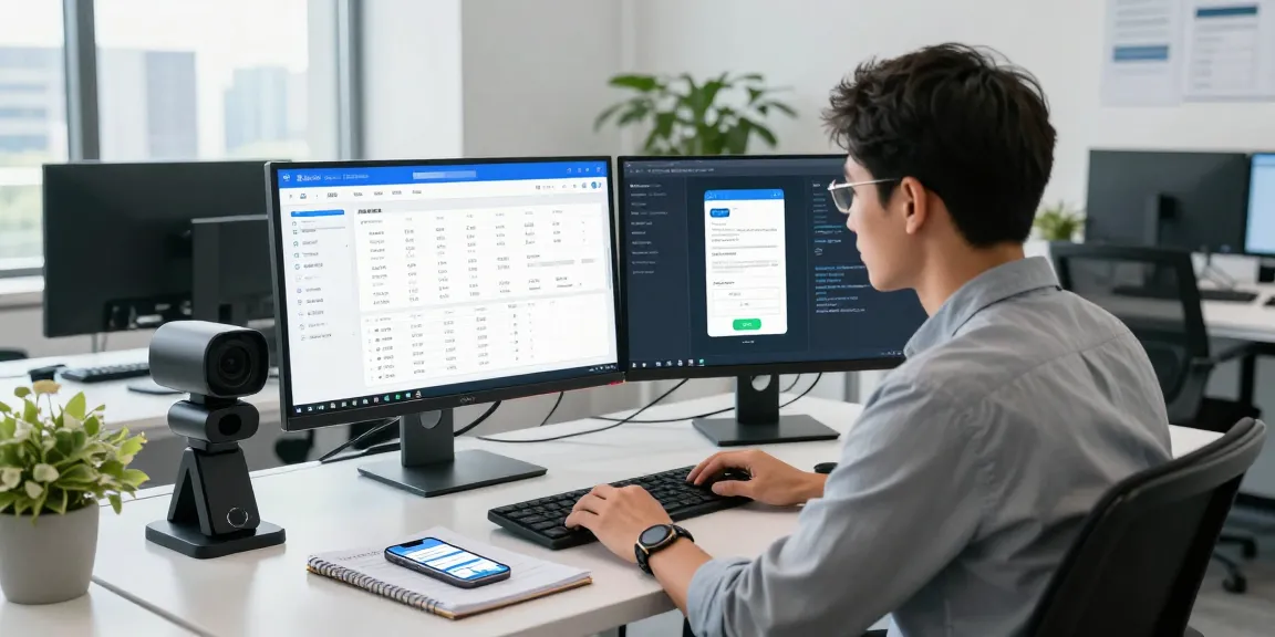 Developer analyzing age verification system data in a modern office.