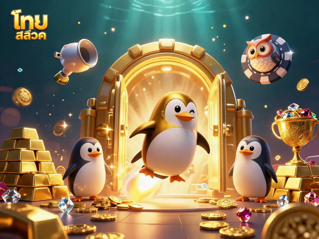 Experience the exhilarating world of ไทย สล็อต with a rocket-powered golden penguin navigating through a vibrant casino universe.