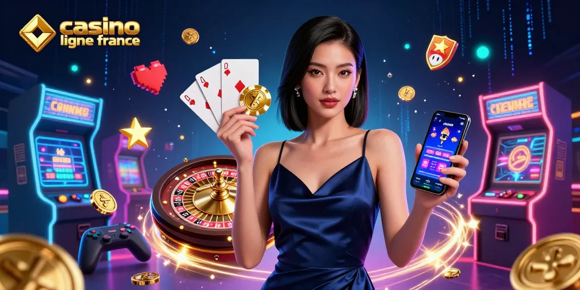 Interagissez avec des visuels dynamiques de casino en ligne France mettant en vedette une femme asiatique confiante présentant une application de casino tout en tenant un jeton.