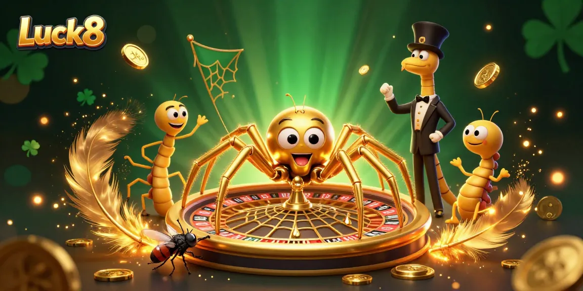 Experience thrilling bets on Luck8 with a vibrant 3D casino scene depicting a roulette wheel spun by a golden spider.