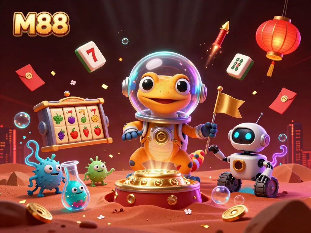 Martian gecko and robot discovering M88 casino on Mars, surrounded by slot reels and festive elements.