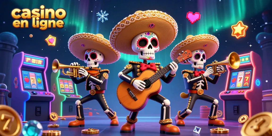 Profitez de l'action vibrante des casinos en ligne avec une bande de mariachi colorée et des graphiques de jeux palpitants.