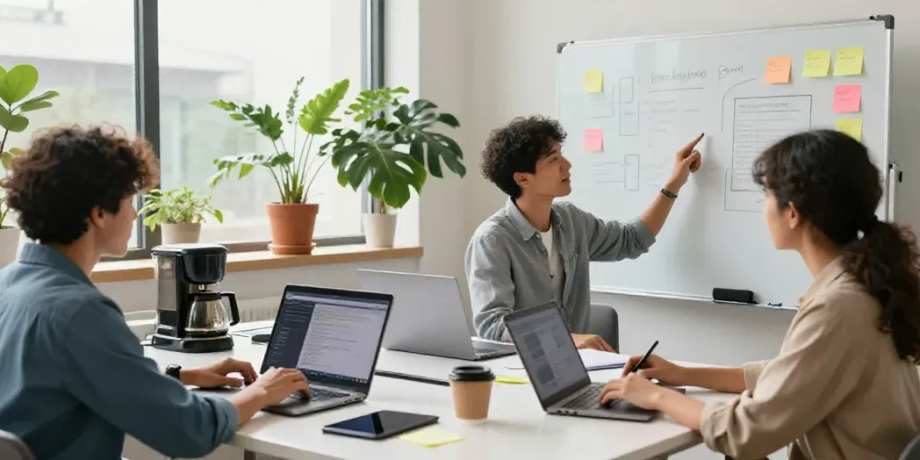AI content creation team collaborating in a modern workspace, showcasing artificial intelligence content creation in an engaging environment.