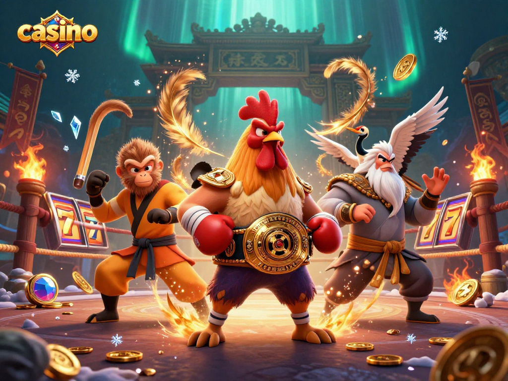 Engaging casino scene featuring a fierce rooster and martial artists amidst slot reels and golden coins.