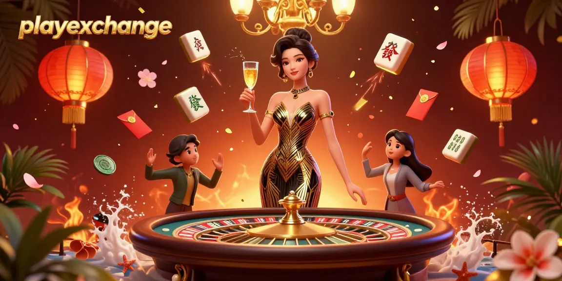 Experience excitement at playexchange with an elegant woman celebrating near a roulette table filled with festive elements.