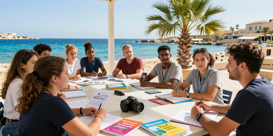 Cursos de inglés en Malta con estudiantes disfrutando de lecciones divertidas en una escuela junto al mar.