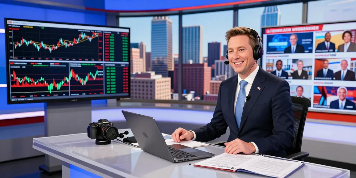 Clinton Orr delivering business news updates in a modern studio setting.