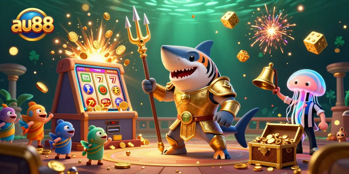 Experience a thrilling jackpot at au88 with a vibrant underwater casino scene featuring a tiger shark and slot machine.