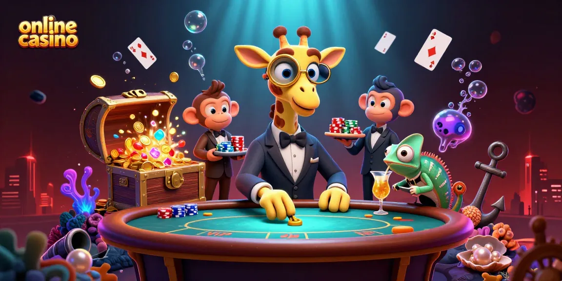 Vznemirljiva scena z online casino temo, kjer žirafa igra poker, opica streže žetone in kamelen meša koktail.
