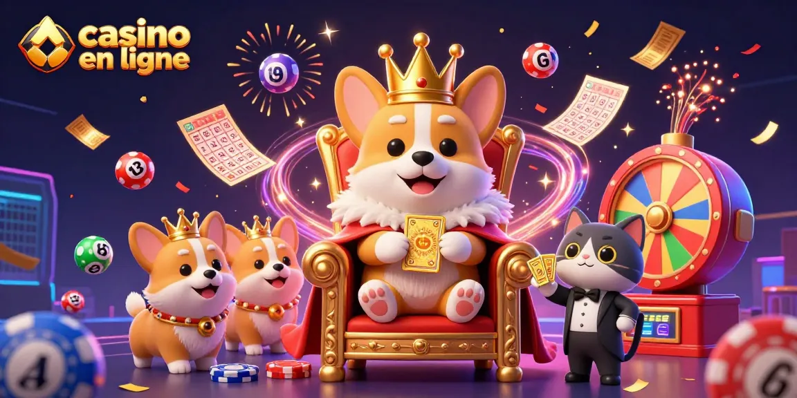 Jouez aux jeux de casino en ligne avec un corgi royal et un majordome félin, ambiance festive.