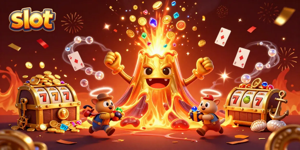 Spin the slot reels amidst a treasure-filled volcanic eruption celebration.