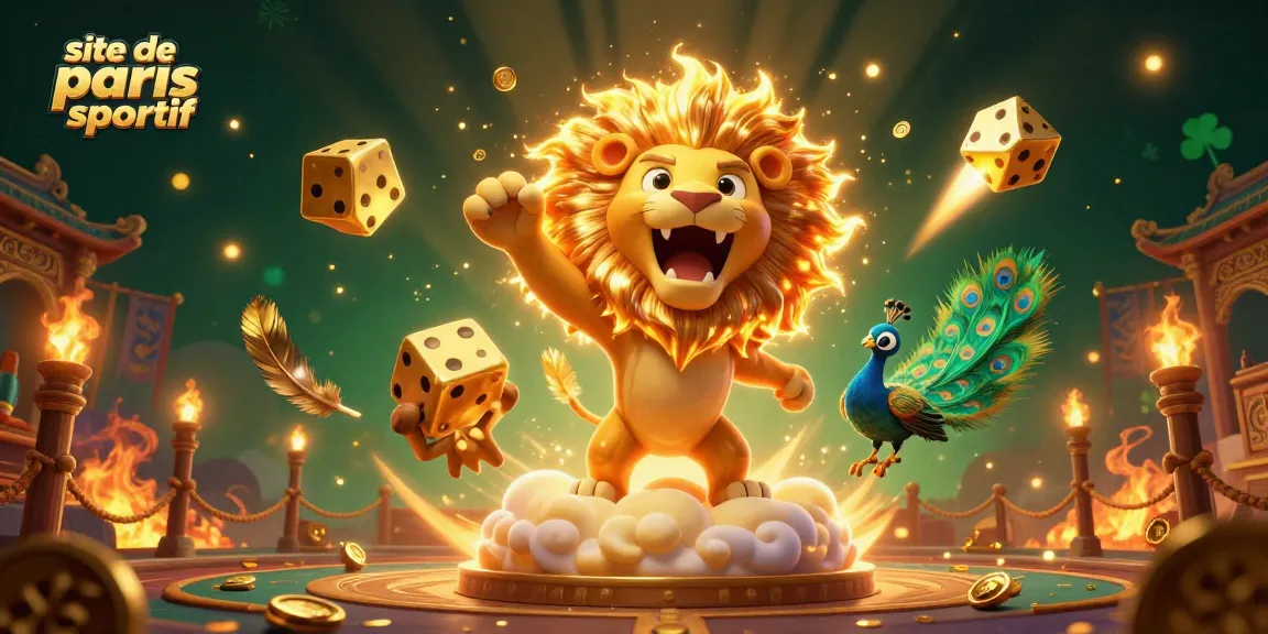 Pariez avec confiance sur le site de paris sportif grâce à une illustration captivante de lions et dés dorés.