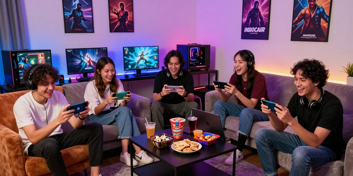 Friends gaming on INDOCAIR platform, showcasing a fun and vibrant digital entertainment experience.