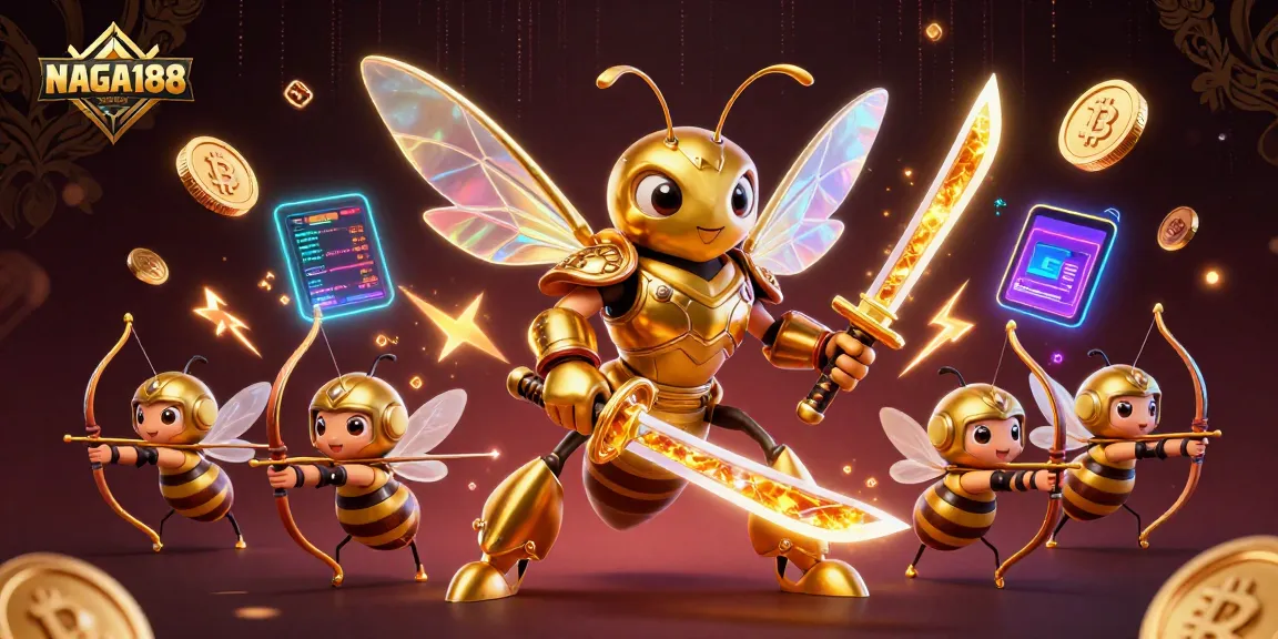 NAGA188 menghadirkan ilustrasi kasino dengan hornet emas dan pemanah, simbol cryptocurrency, serta elemen permainan.