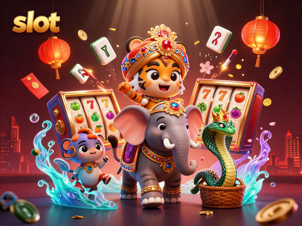Spin winning slots in this vibrant 3D casino illustration featuring a majestic tiger and elephant.