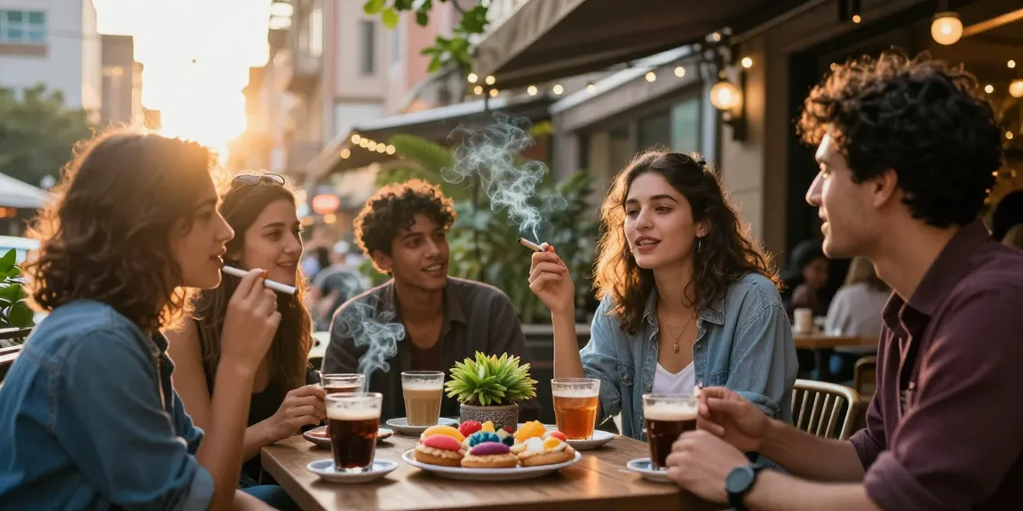 Group of friends enjoying rokok 88 at an outdoor café with pastries and city lights.
