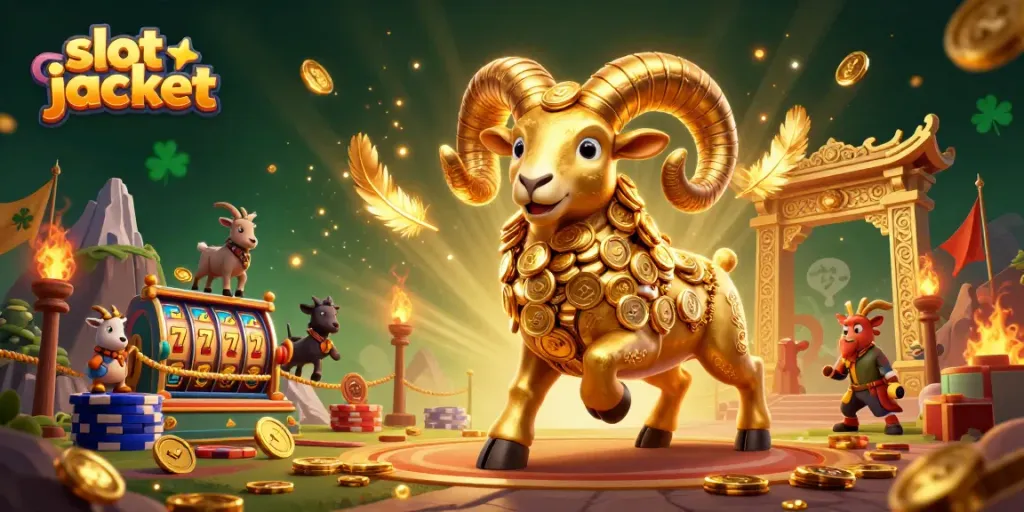 Experience the thrill of slot jackpot action with a golden ram charging through coins and slot reels.
