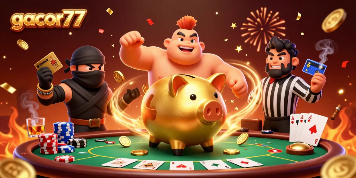 Gacor77 menghadirkan kerumunan koin emas dalam pertarungan kasino epik antara pegulat sumo dan ninja dengan suasana meriah.