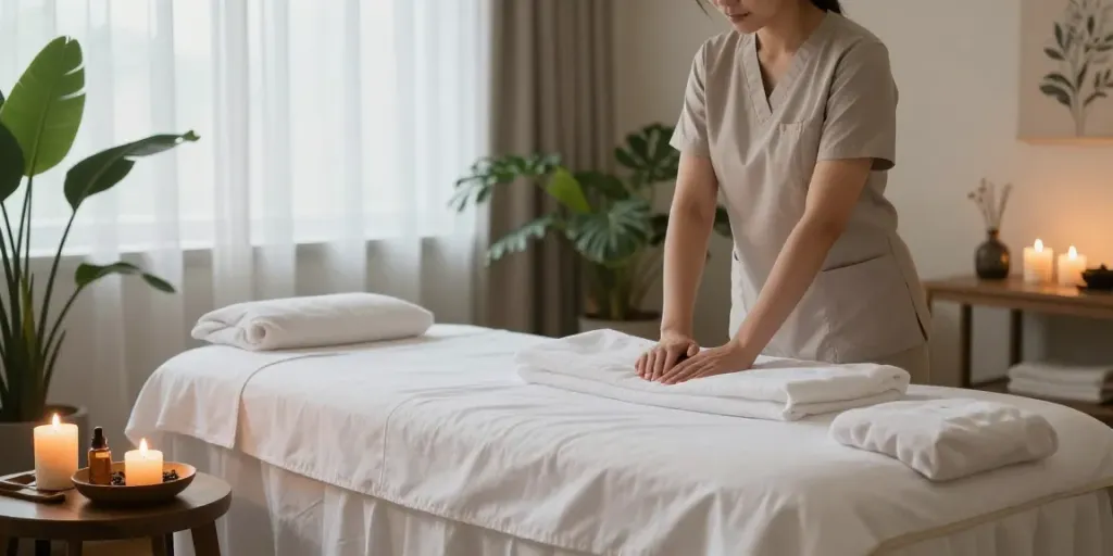 An intimate 안산출장안마 massage therapy scene with a therapist preparing a tranquil home spa setting.