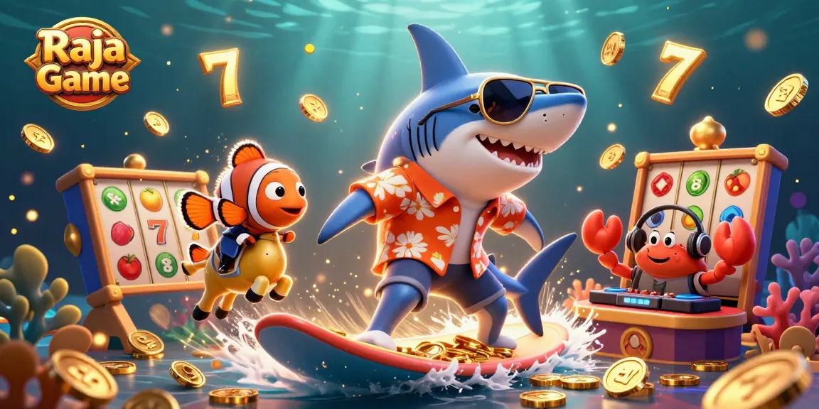 Play exciting games at Raja Game with this vibrant underwater casino scene featuring dynamic characters and elements.
