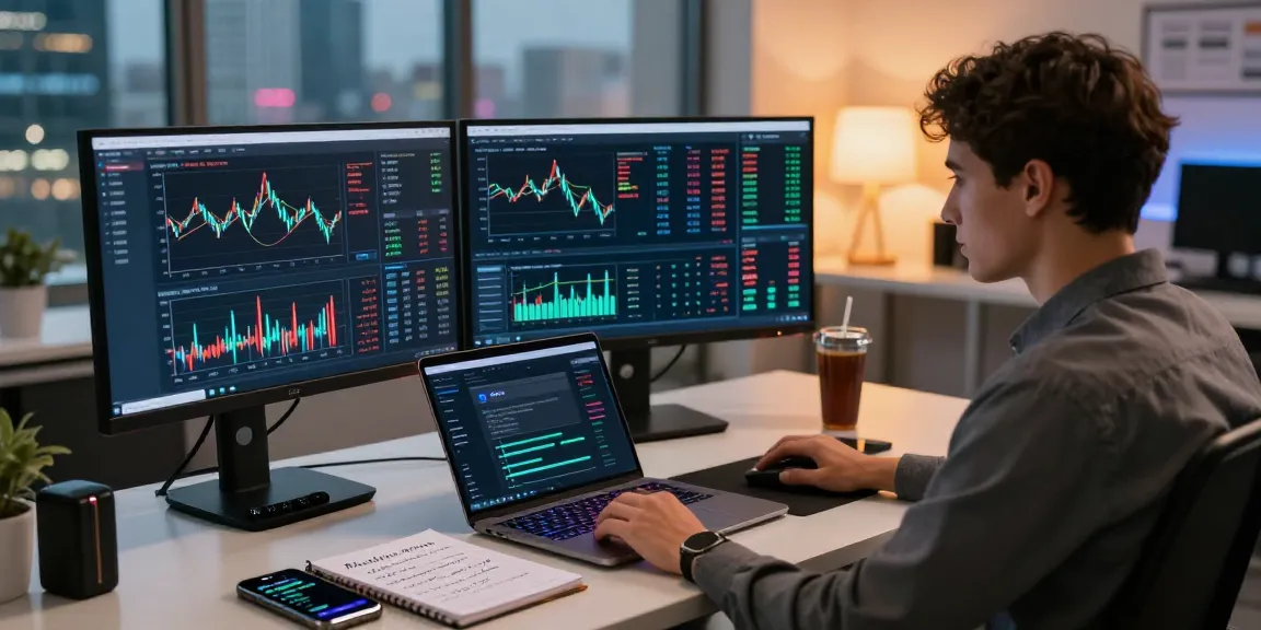 Funexchange platform user engaged in advanced cryptocurrency trading with digital wallet interfaces and analytics in a modern workspace.