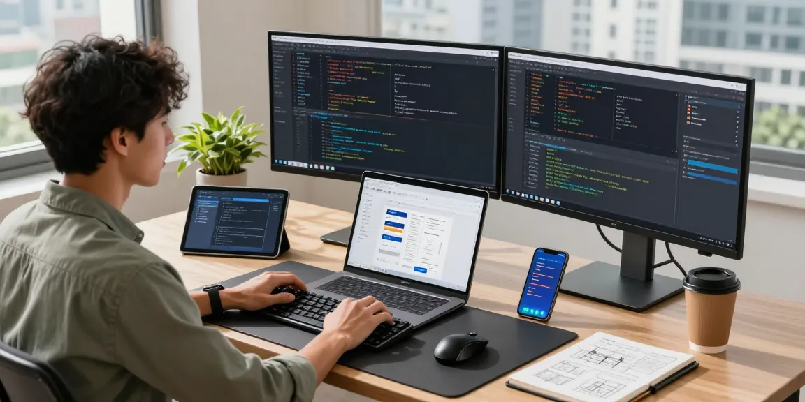 Developer coding in a modern workspace, illustrating the 纸飞机中文版 app development process with vibrant screens.