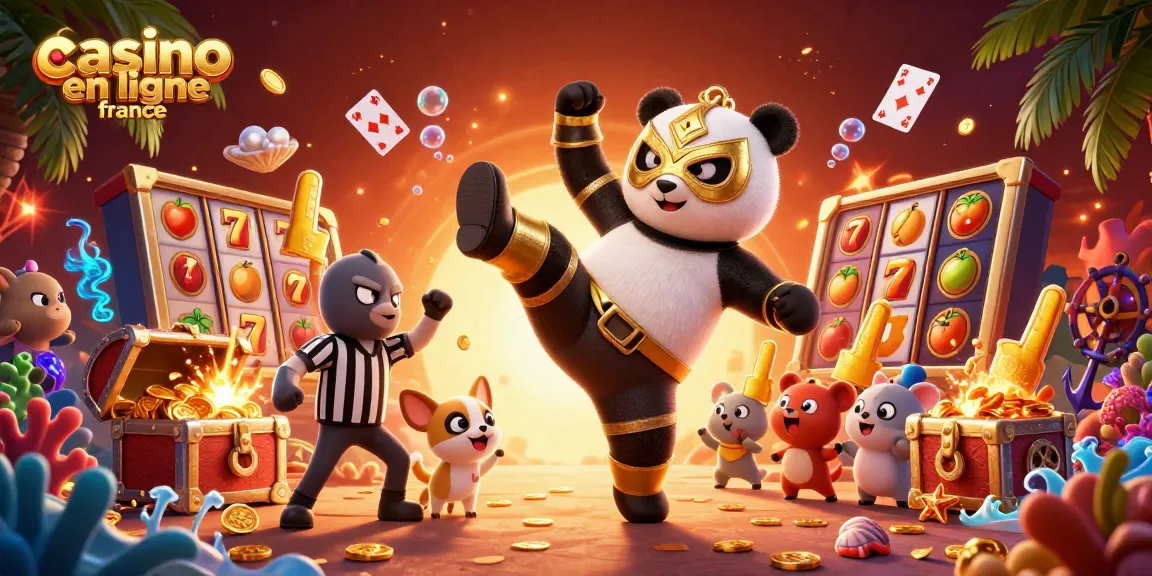 Scène captivante mettant en scène un panda lutteur et un chihuahua arbitre dans un environnement dynamique de casino en ligne France avec des couleurs vives.