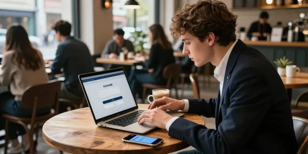 Young professional engaged with ROKOK88 login on laptop in a vibrant café, showcasing modern urban lifestyle.