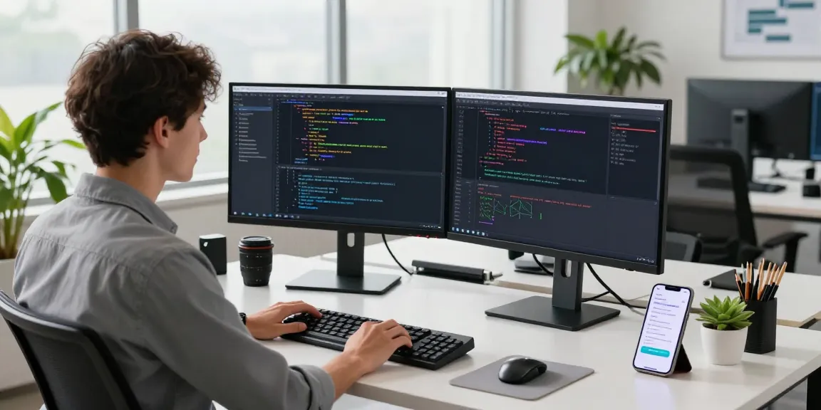 快连 developer coding in a modern workspace with dual monitors and AI tools.