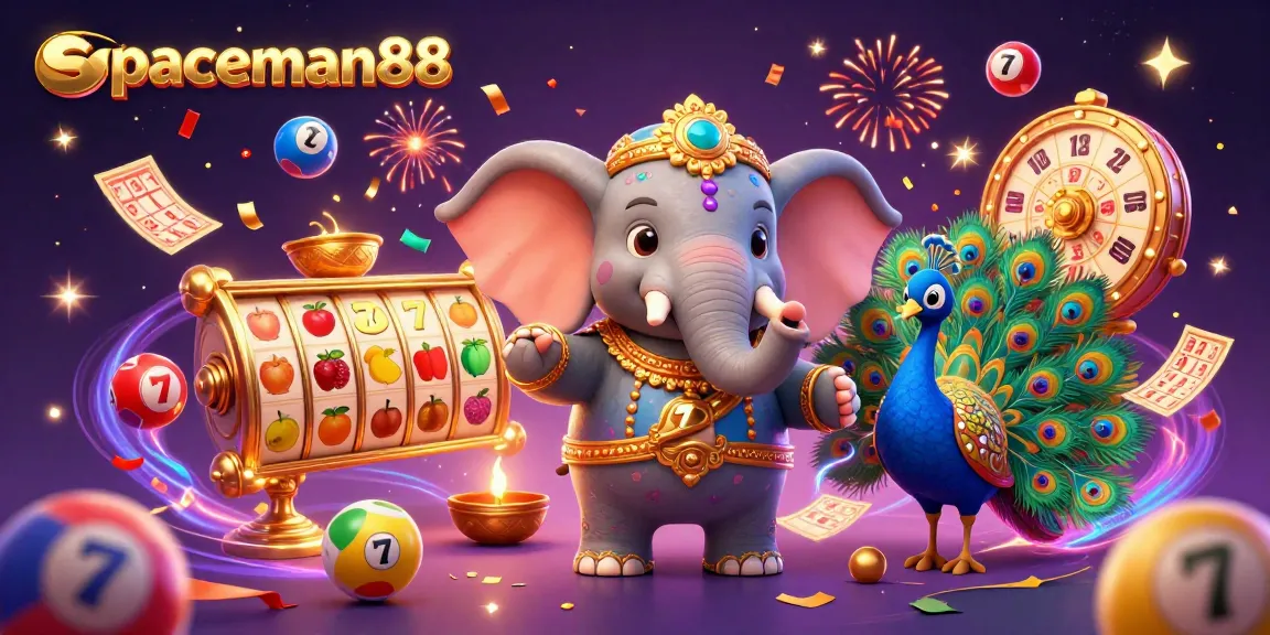 Experience excitement with spaceman88 as the vibrant elephant spins slots and bounces lottery balls in a colorful casino scene.