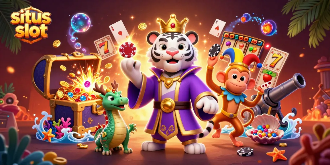 Menangkan permainan di situs slot dengan karakter animasi berwarna cerah dan simbol kasino yang menggiurkan.
